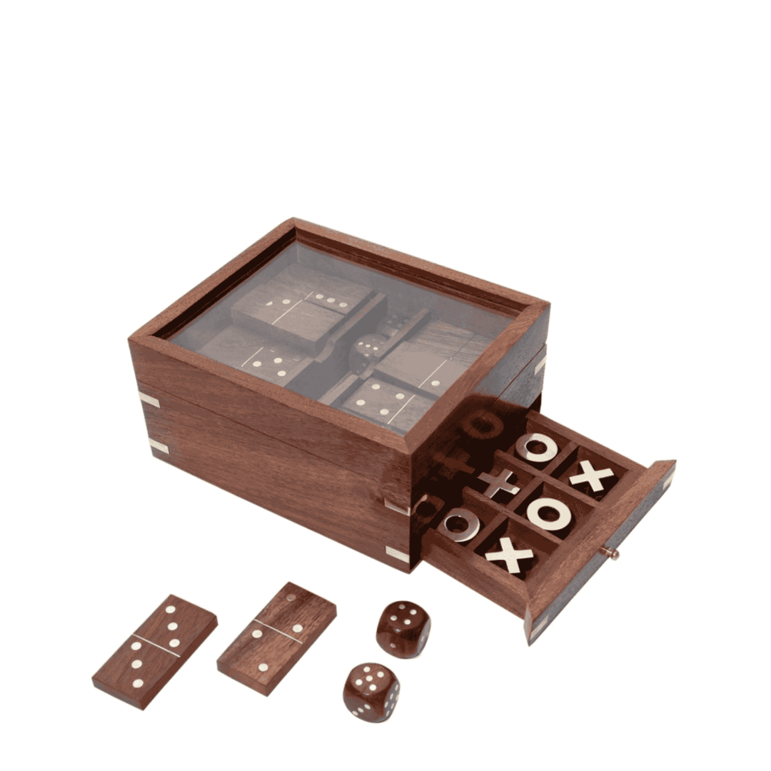 Multi Game Set in Wood & Brass Box - Destination Interiors