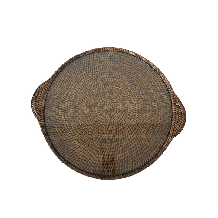 Rattan Round Cheese Tray With Glass Brown
