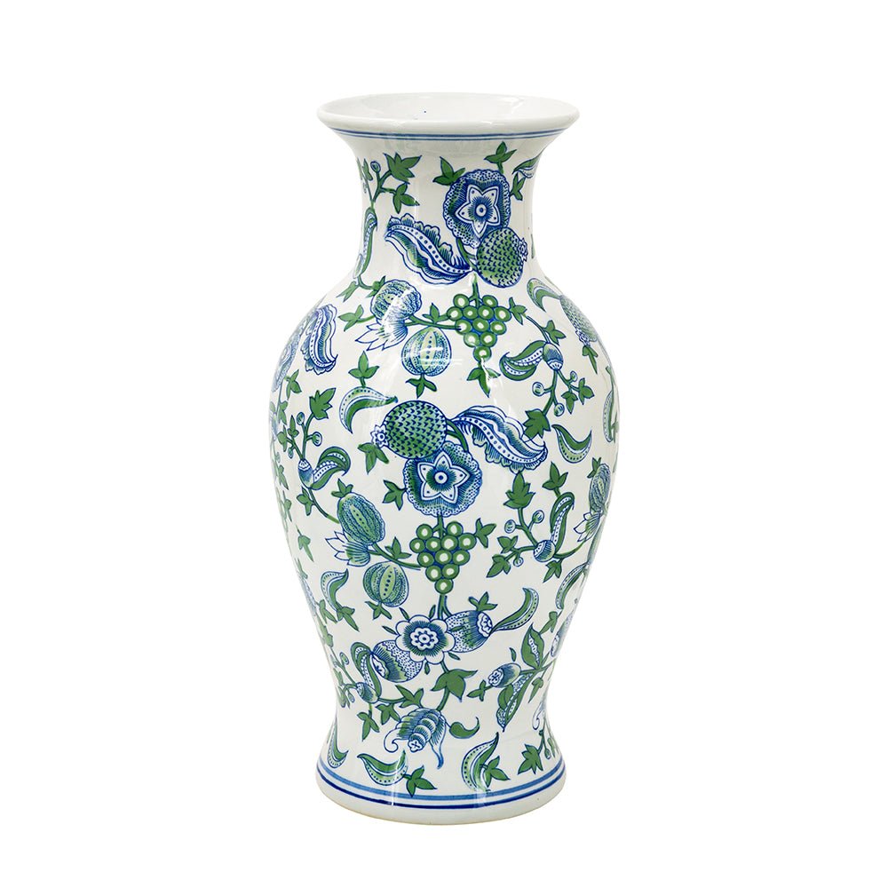 CHERRY BLOSSOM FLUTED VASE BLUE, WHITE & GREEN - Destination Interiors