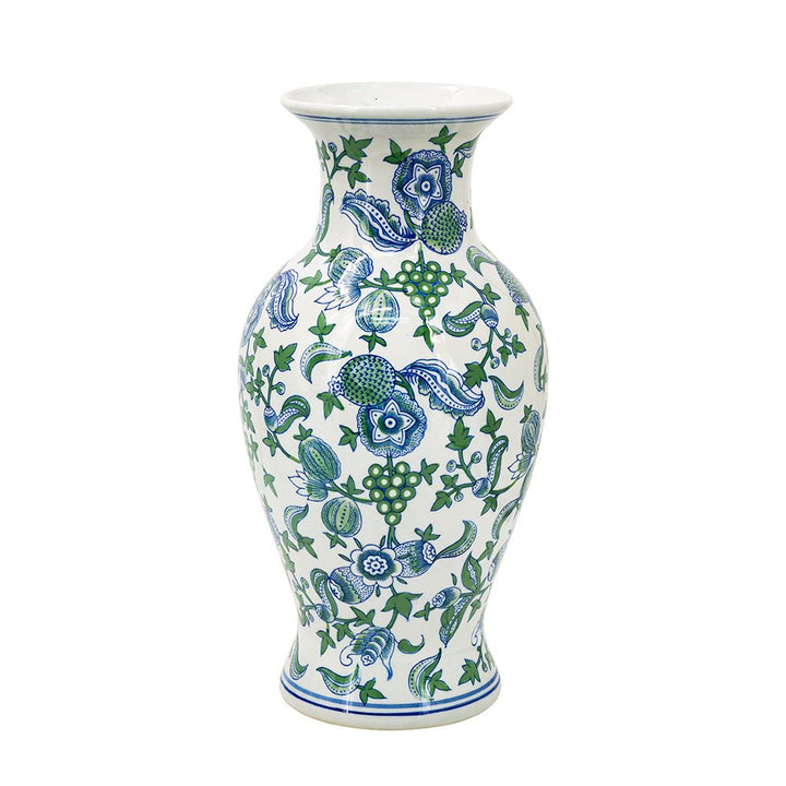 CHERRY BLOSSOM FLUTED VASE BLUE, WHITE & GREEN - Destination Interiors