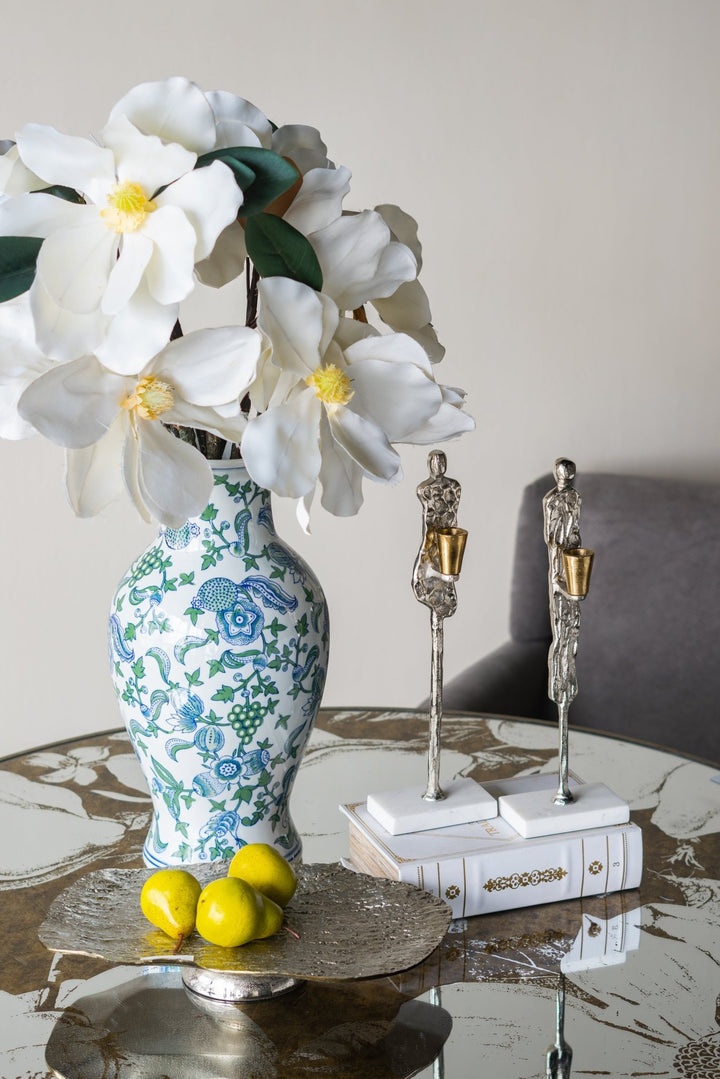 CHERRY BLOSSOM FLUTED VASE BLUE, WHITE & GREEN - Destination Interiors