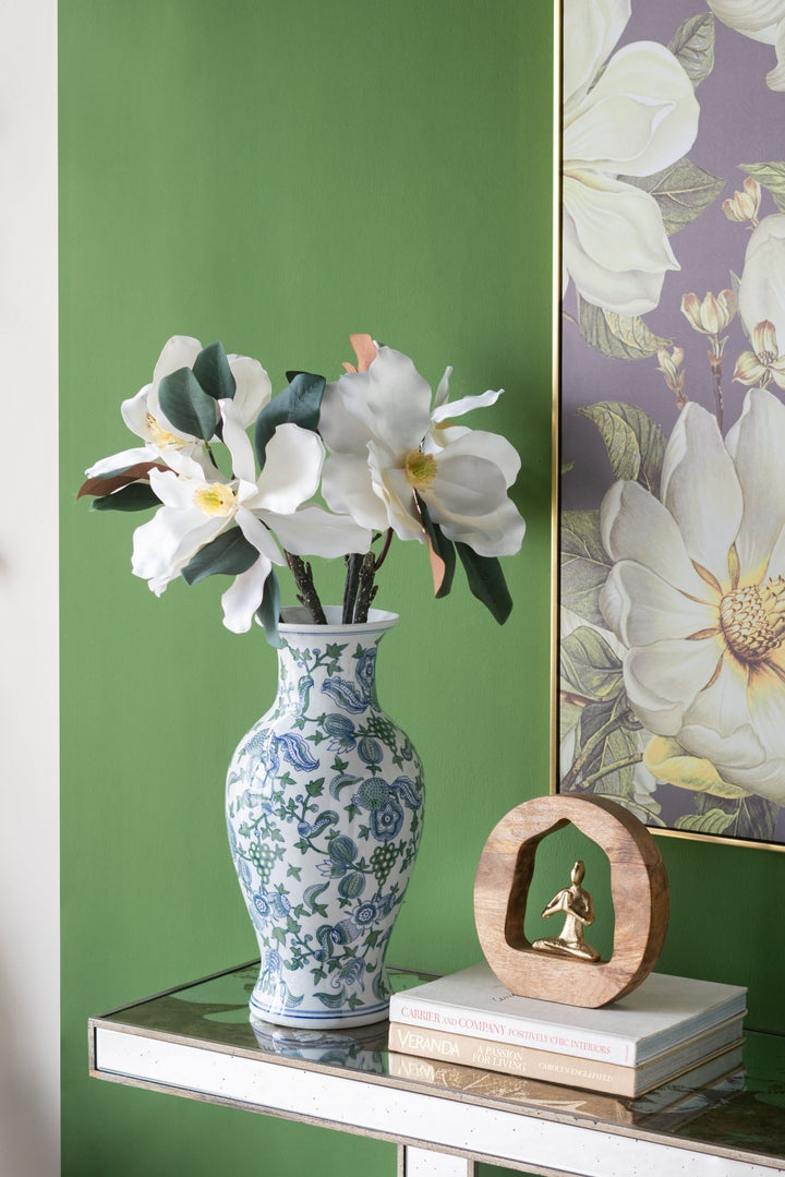 CHERRY BLOSSOM FLUTED VASE BLUE, WHITE & GREEN - Destination Interiors