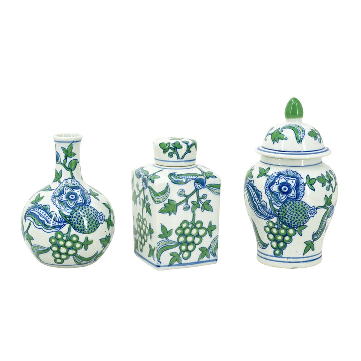 CHERRY BLOSSOM LIDDED JAR & VASE BLUE. WHITE & GREEN SET/3 - Destination Interiors