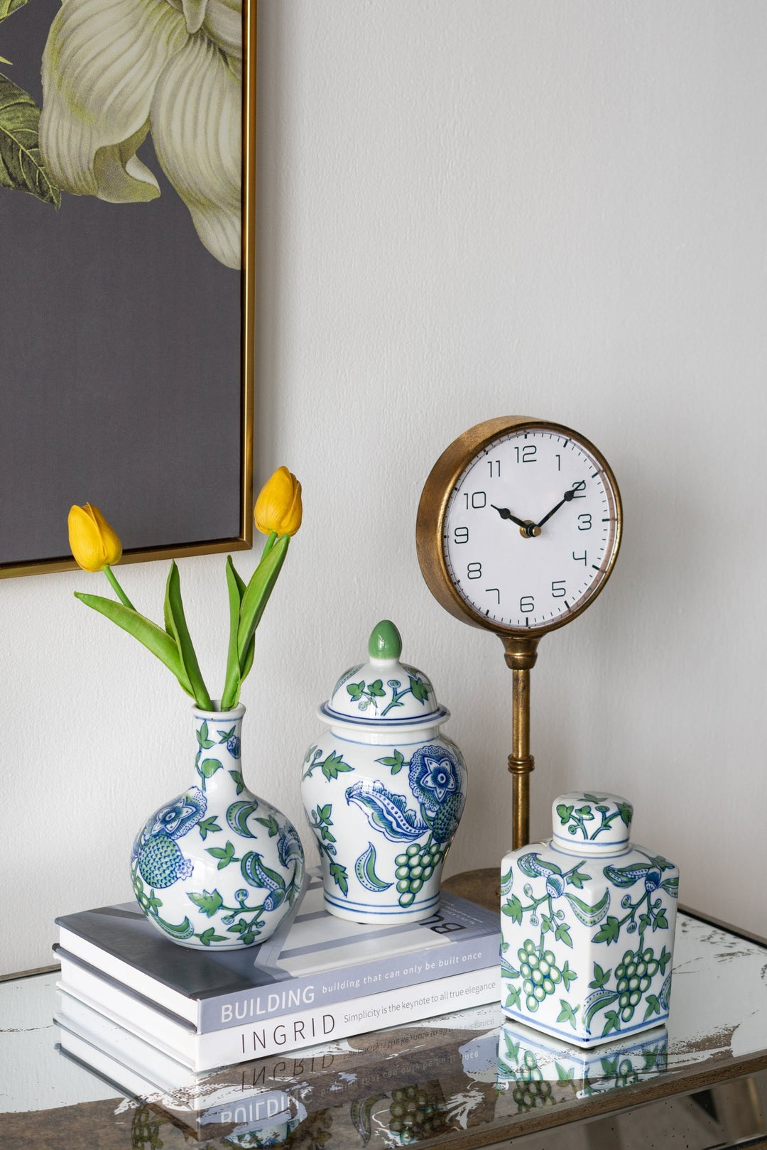 CHERRY BLOSSOM LIDDED JAR & VASE BLUE. WHITE & GREEN SET/3 - Destination Interiors