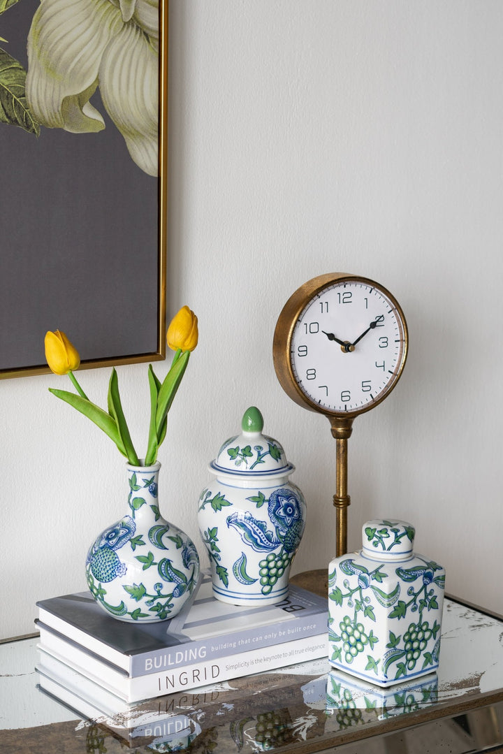 CHERRY BLOSSOM LIDDED JAR & VASE BLUE. WHITE & GREEN SET/3 - Destination Interiors