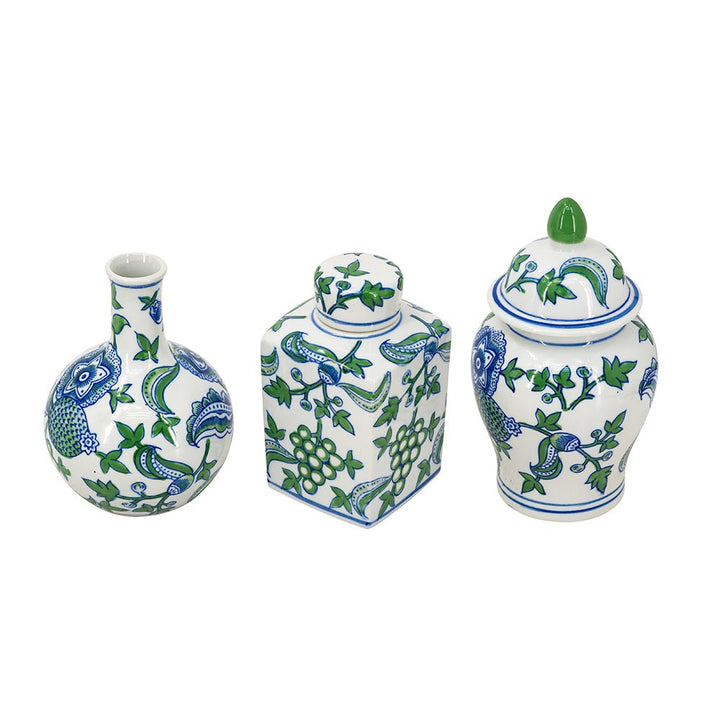 CHERRY BLOSSOM LIDDED JAR & VASE BLUE. WHITE & GREEN SET/3 - Destination Interiors