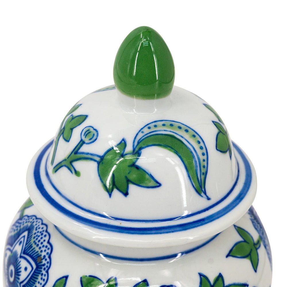 CHERRY BLOSSOM LIDDED JAR & VASE BLUE. WHITE & GREEN SET/3 - Destination Interiors