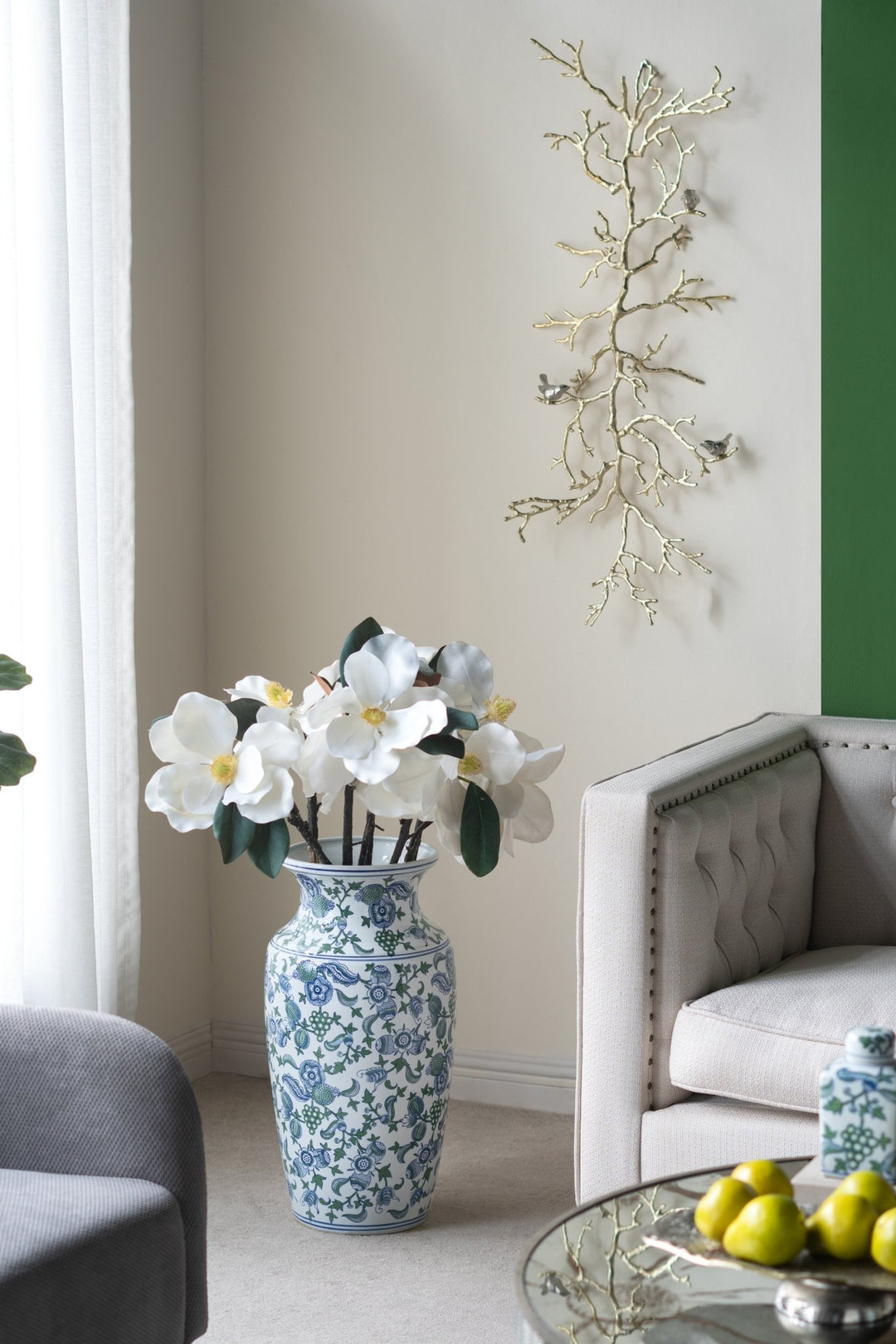 CHERRY BLOSSOM VASE LARGE BLUE, WHITE & GREEN - Destination Interiors