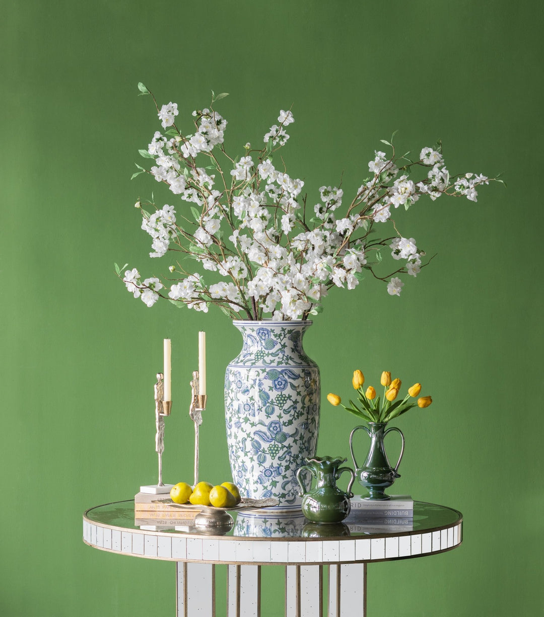 CHERRY BLOSSOM VASE LARGE BLUE, WHITE & GREEN - Destination Interiors