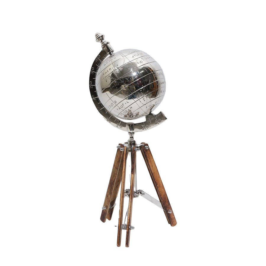 GLOBAL TRAVELLER TRIPOD GLOBE POLISHED NICKEL / NATURAL - Destination Interiors