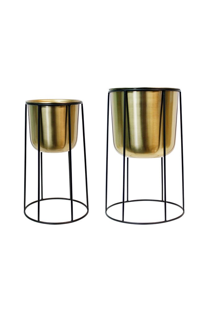 Gold Metal Planters on Black Stands Set/2 - Destination Interiors