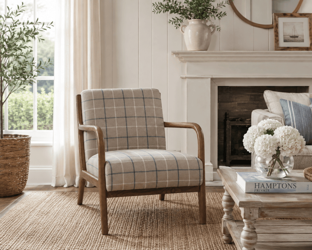 Luca Occasional Chair - Coastal Plaid with History Oak Frame - Destination Interiors