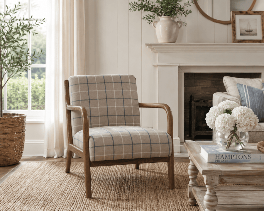 Luca Occasional Chair - Coastal Plaid with History Oak Frame - Destination Interiors