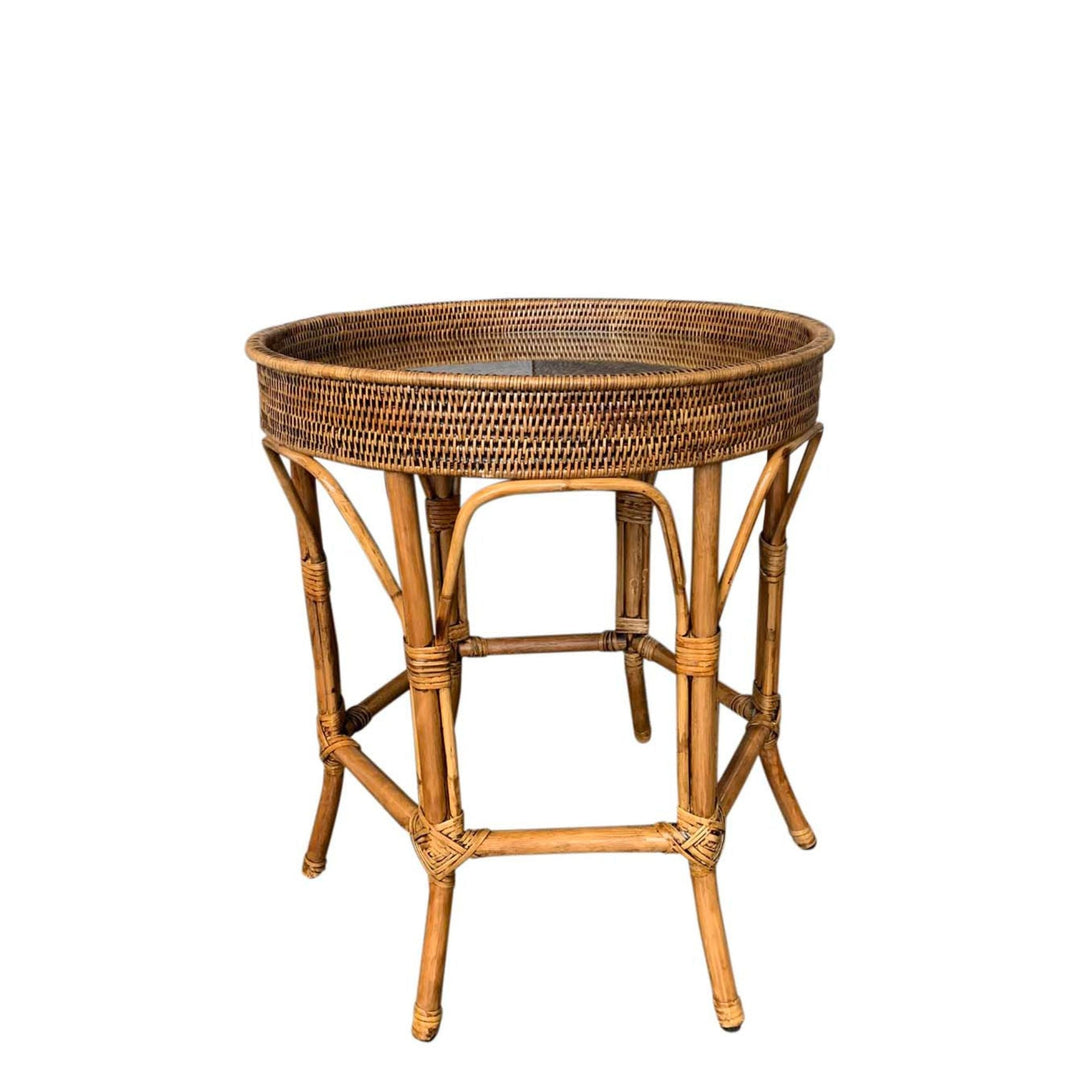 Rattan Colonial Round Side Table w Glass Insert - Destination Interiors