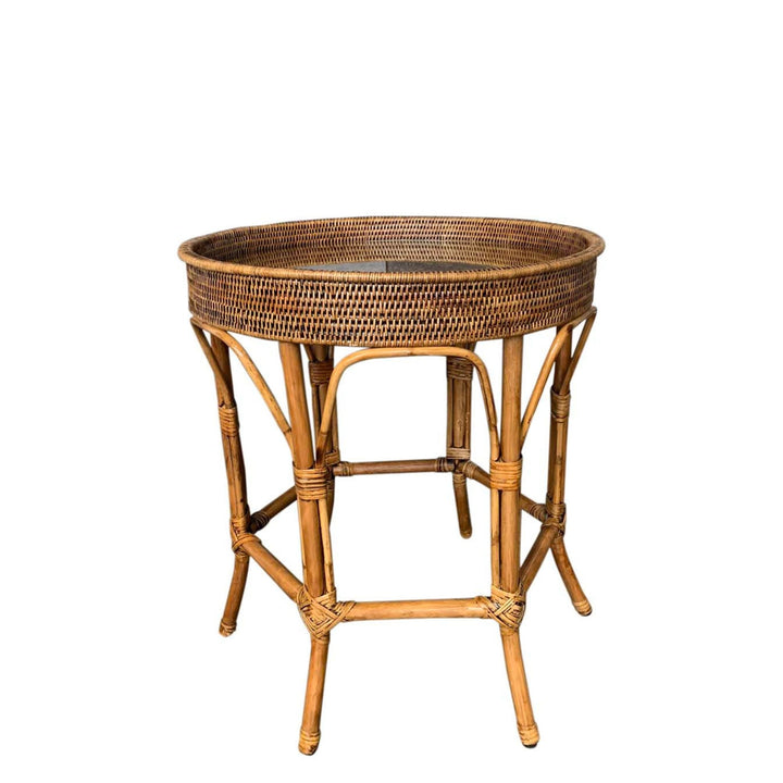 Rattan Colonial Round Side Table w Glass Insert - Destination Interiors