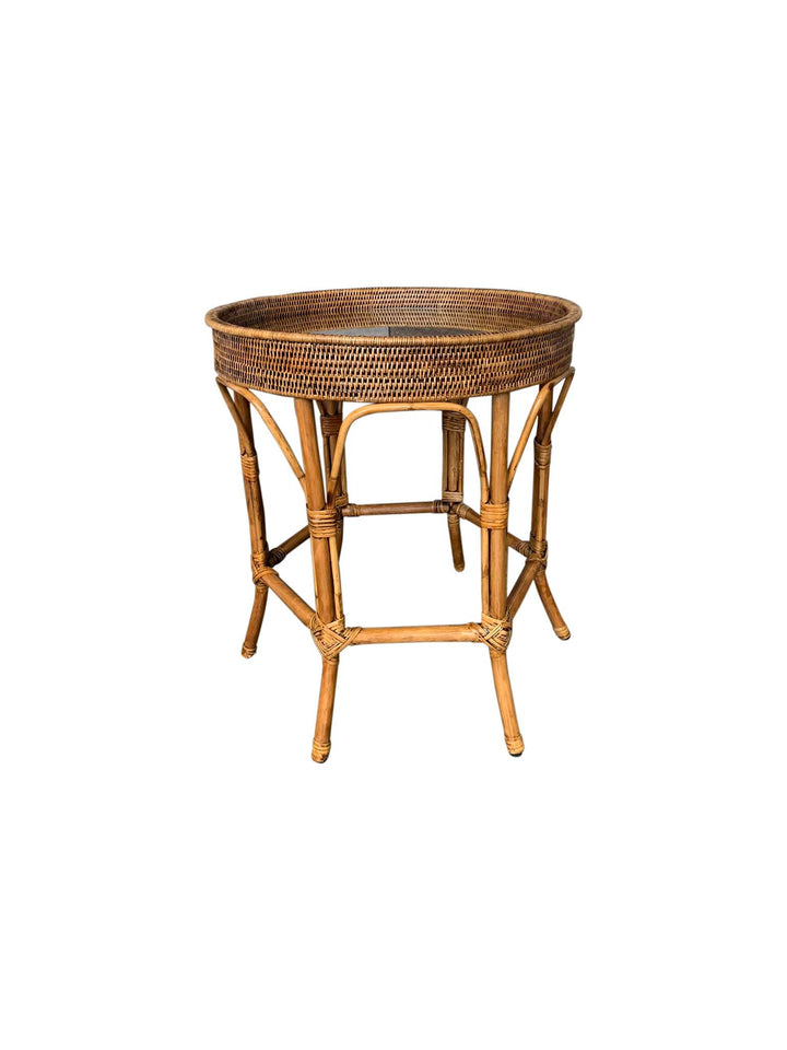 Rattan Colonial Round Side Table w Glass Insert - Destination Interiors