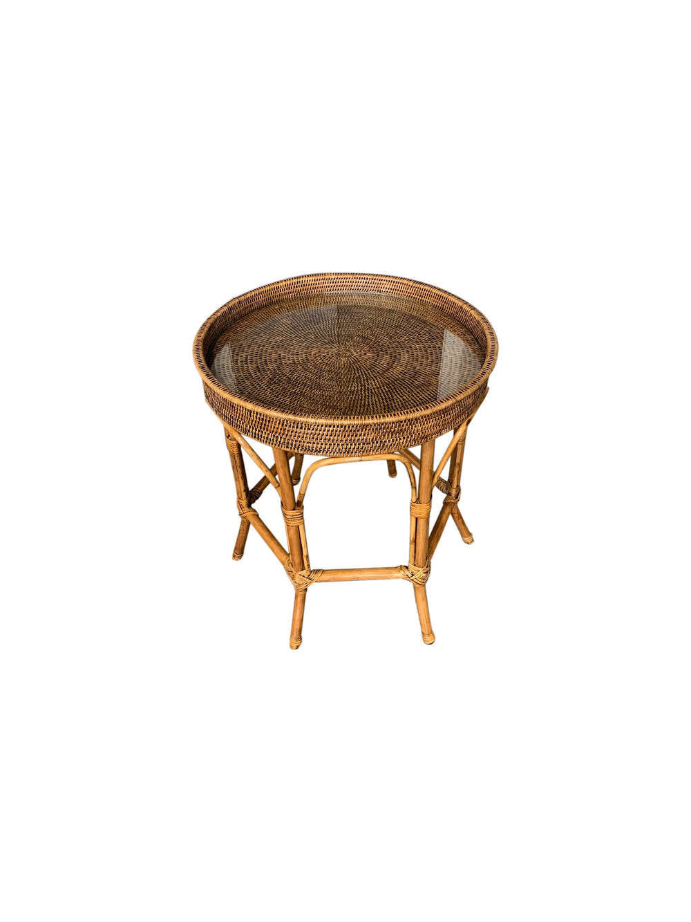 Rattan Colonial Round Side Table w Glass Insert - Destination Interiors