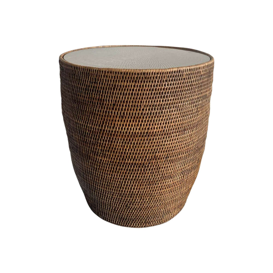 Rattan Drum Side Table With Glass Inlay Brown - Destination Interiors