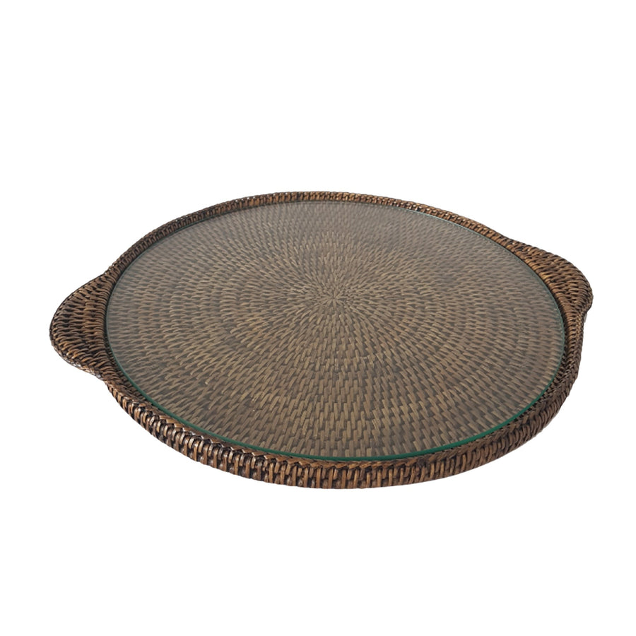 Rattan Round Cheese Tray With Glass Brown - Destination Interiors