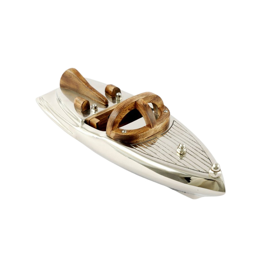 VINTAGE SPEEDBOAT ORNAMENT POLISHED NICKEL & WOOD - Destination Interiors